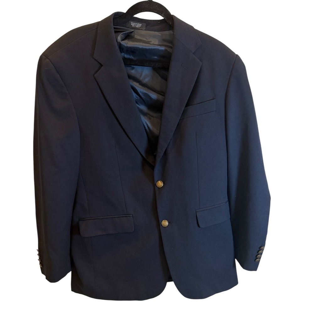 Stafford Wool Sport Coat Blazer Blue Gold Buttons Classic Business Casual 40R